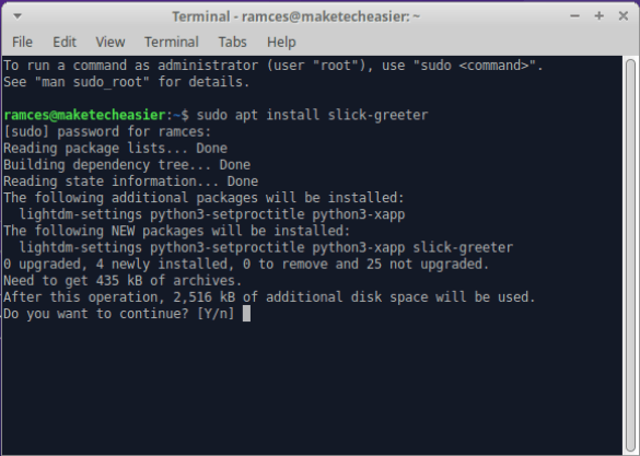 A terminal showing the installation process for slick-greeter, one of the many LightDM greeters available in Linux.