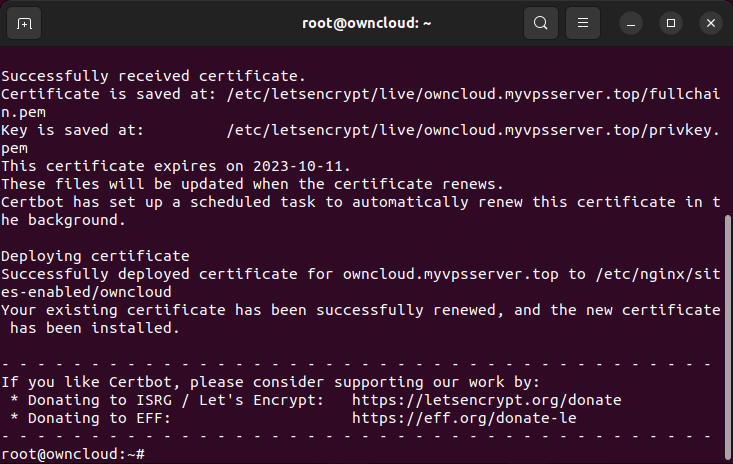 A terminal showing the automatic certbot SSL certificate issuance process for Nginx.