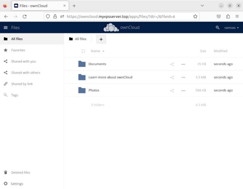 A screenshot showing a working ownCloud instance running over SSL.