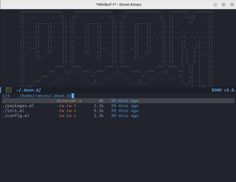 A screenshot showing a list of the available configuration files for Doom Emacs.