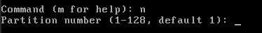 A terminal showing the creation of the first partition.