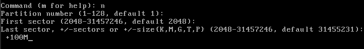 A terminal showing the process of setting the size of the first partition.