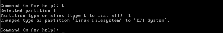 A terminal showing the process of setting the type of the first partition.