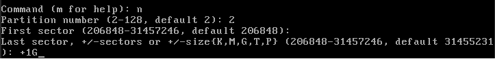 A terminal showing the process of setting the size of the second partition.