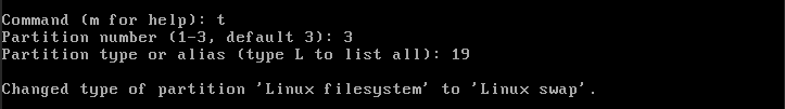 A terminal showing the process of setting the type of the third partition.