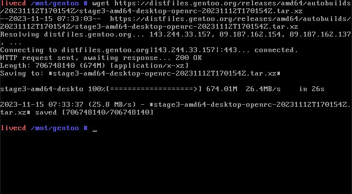 A terminal showing the download process for the Gentoo Linux Stage 3 tarball.