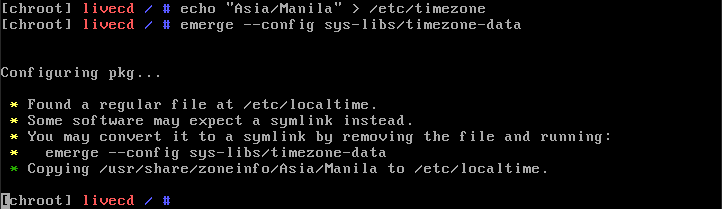 A terminal showing the process of setting the system timezone.