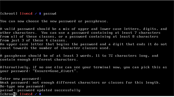 A terminal showing the process of setting a new root password.