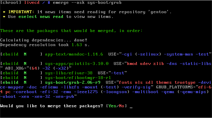 A terminal showing the process of obtaining the Grub bootloader.