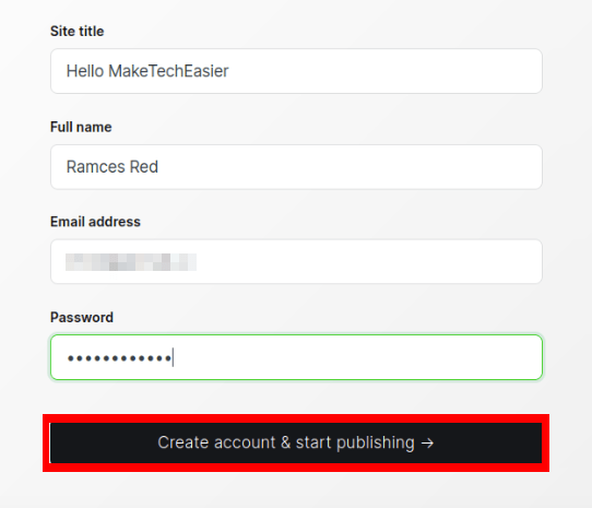 A screenshot showing the "Create account & start publishing" button along with a filled form.