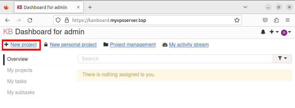A screenshot highlighting the "New project" link in the Kanboard server.