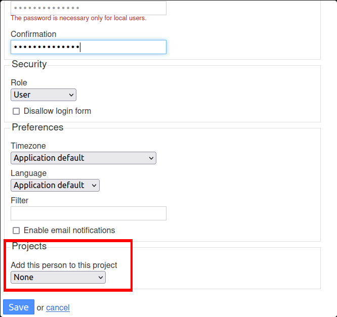 A screenshot showing the "Projects" subcategory in the Kanboard "New User" form.