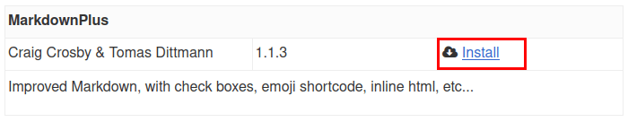 A screenshot highlighting the "Install" button for the MarkdownPlus plugin.