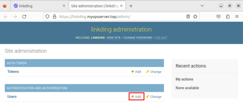 A screenshot highlighting the Add link under the users section in the Linkding admin panel.