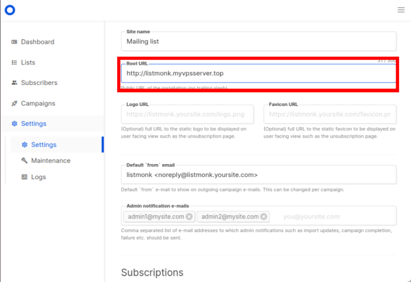 A screenshot highlighting the "Root URL" value using the VPS' domain name.