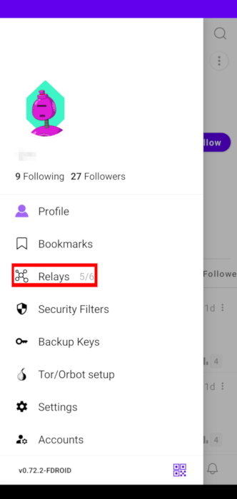 A screenshot highlighting the "Relays" section under the user menu.