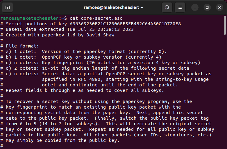 A terminal showing the core secret of a GPG private key.