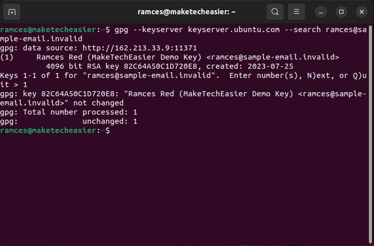 A terminal showing the process for importing a GPG public key from a keyserver.