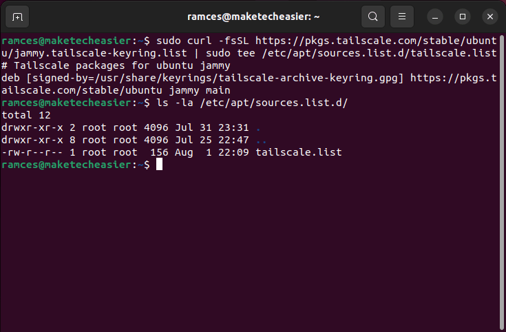 A terminal showing the newly obtained Tailscale repository.