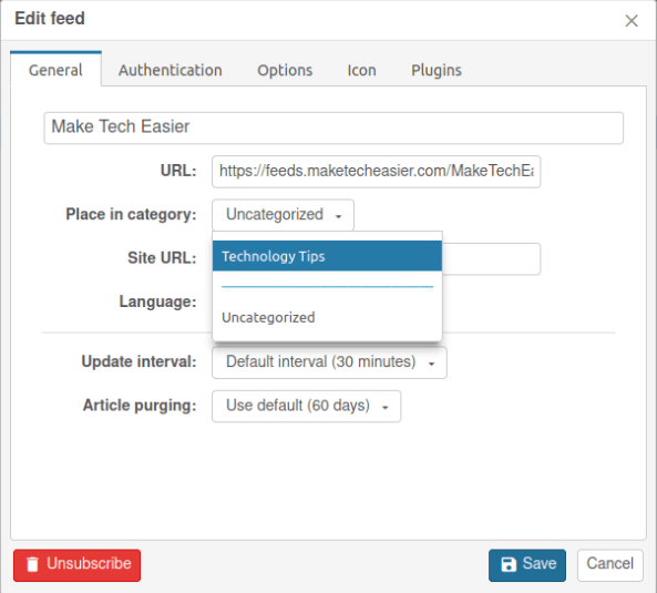 A screenshot showing the details for an existing RSS feed.