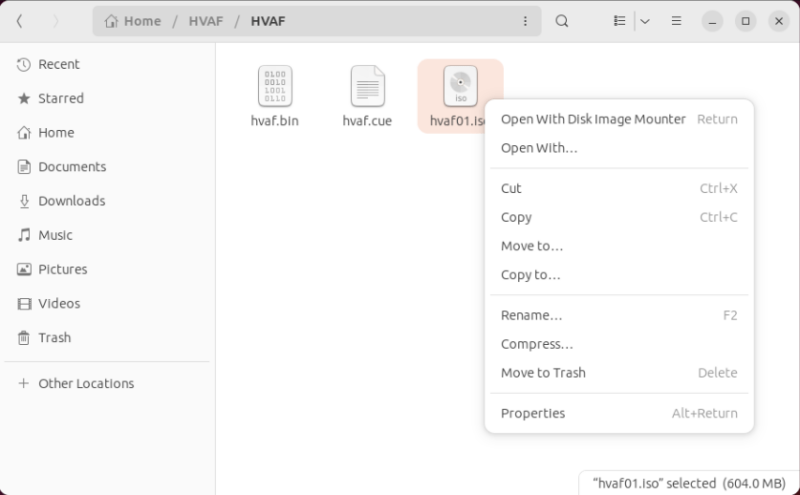 A screenshot that shows the combined ISO file from the hvaf.bin and hvaf.cue files.