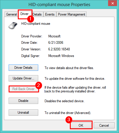 Rolling back driver via Properties window. 