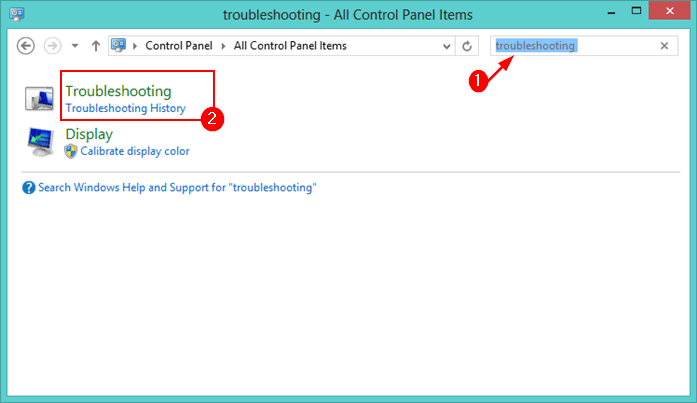 Selecting the "Troubleshooting History" option via Control Panel.