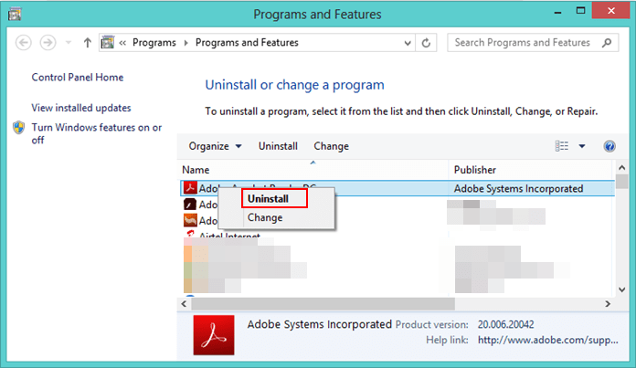 Uninstalling program from Control Panel. 