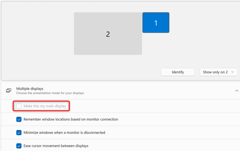 Enabling "Make this my main display" option under "Multiple displays" in Windows Settings.