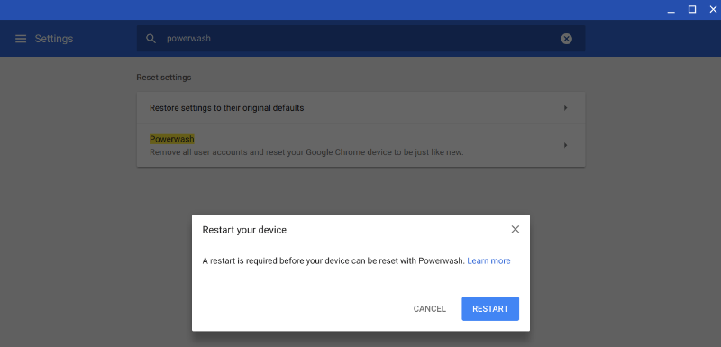 Powerwash Chromebook Confirm Powerwash