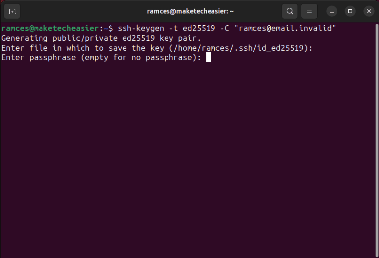 A terminal showing the password prompt for a new SSH key.