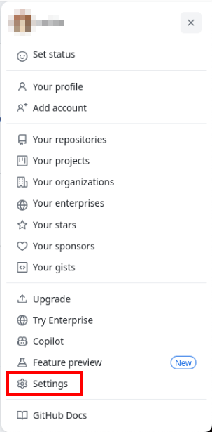 A screenshot highlighting the Settings option in the Github profile menu.