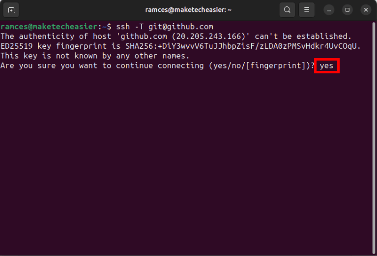 A terminal highlighting the prompt for trusting the SSH fingerprint.