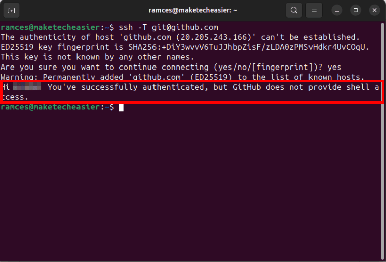 A terminal highlighting the short acknowledgement message from Github.