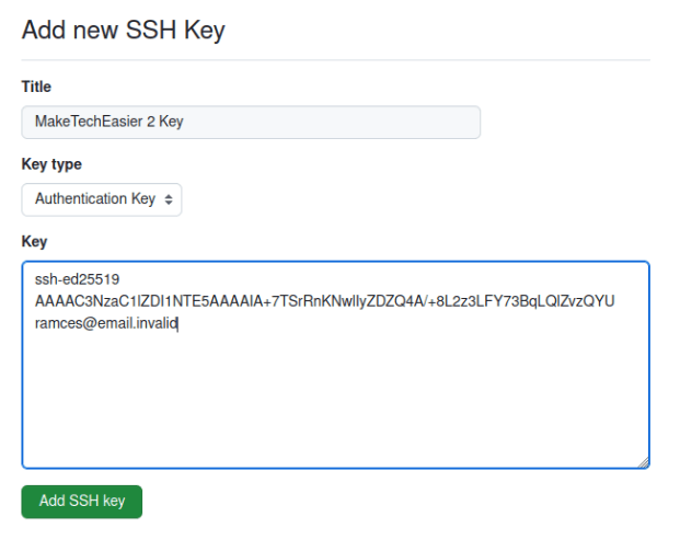 A screenshot showing a new alternative key in Github.