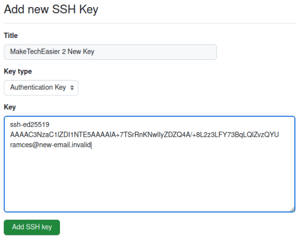 A screenshot showing the newly modified SSH key in Github.