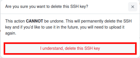 A screenshot highlighting the final confirmation prompt for deleting an SSH key.