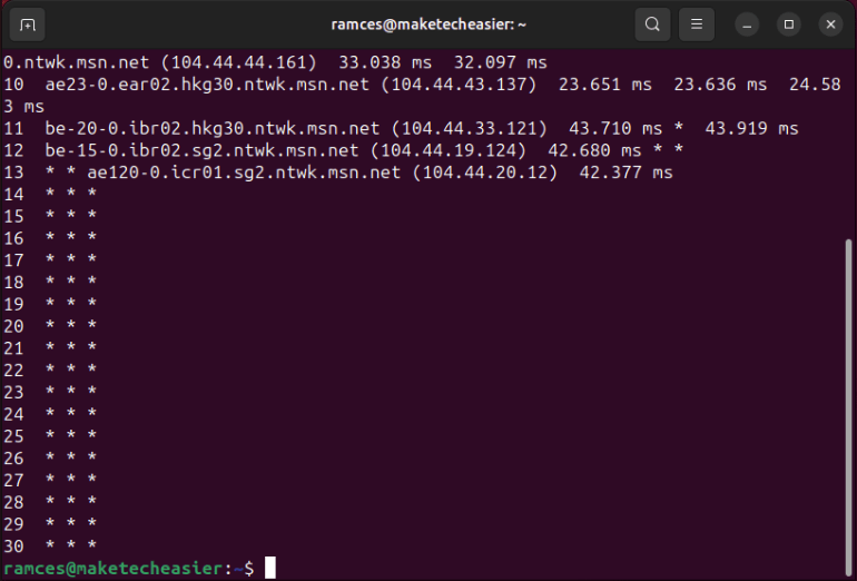 A terminal showing a basic traceroute where gateways constantly fail to respond to the program.