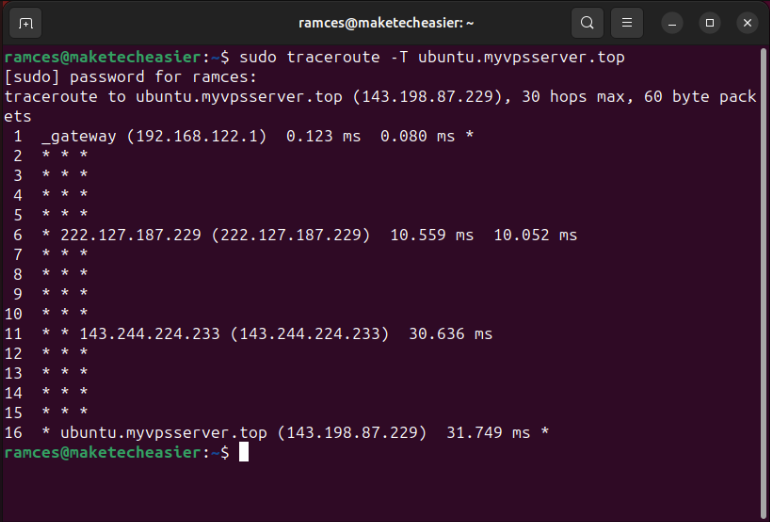 A terminal showing a traceroute where the program uses the TCP SYN packet instead of UDP.