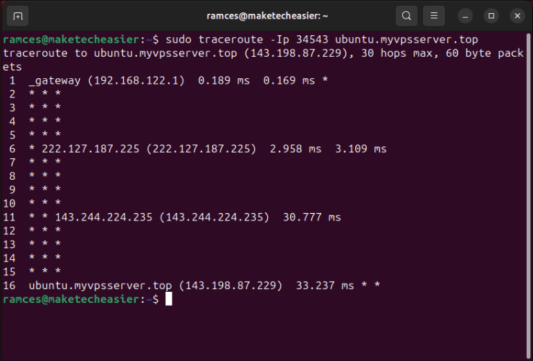 A terminal showing a traceroute using ICMP ECHO with a custom ICMP sequence number.